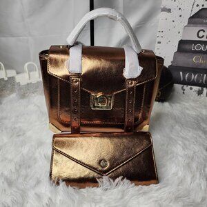 Michael Michael Kors Manhattan Metallic Mocha Leather Satchel & Matching Wallet